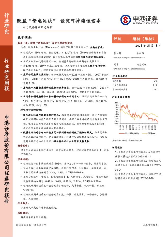 电力设备行业研究周报：欧盟“新电池法” 设定可持续性需求 申港证券 2023-06-19（8页） 附下载