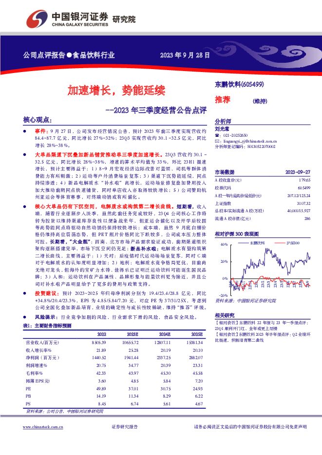 东鹏饮料 2023年三季度经营公告点评：加速增长，势能延续 中国银河 2023-09-28（3页） 附下载
