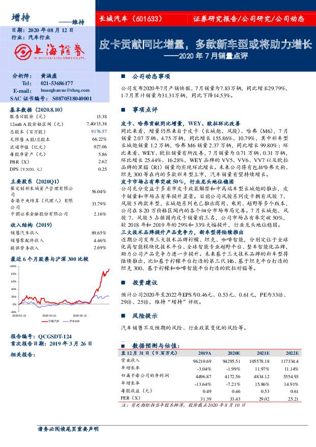 长城汽车 2020年7月销量点评：皮卡贡献同比增量，多款新车型或将助力增长 上海证券 2020-08-12