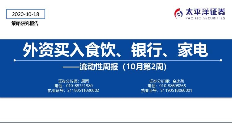 流动性周报（10月第2周）：外资买入食饮、银行、家电 太平洋 2020-10-19