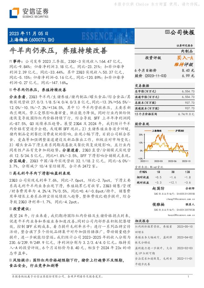 上海梅林 牛羊肉仍承压，养殖持续改善 安信证券 2023-11-06（5页） 附下载