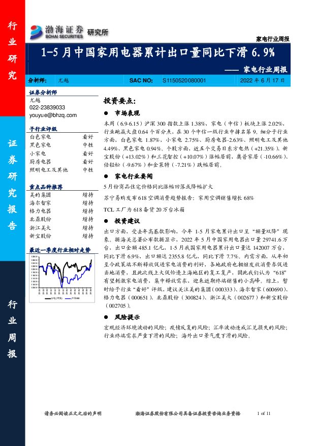 家电行业周报：1-5月中国家用电器累计出口量同比下滑6.9% 渤海证券 2022-06-17 附下载