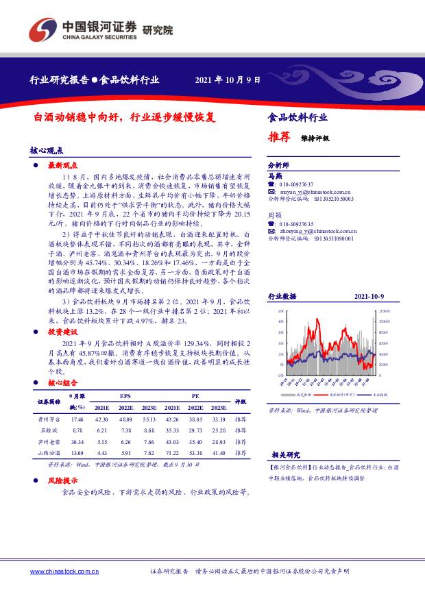 食品饮料行业：白酒动销稳中向好，行业逐步缓慢恢复 中国银河 2021-10-15