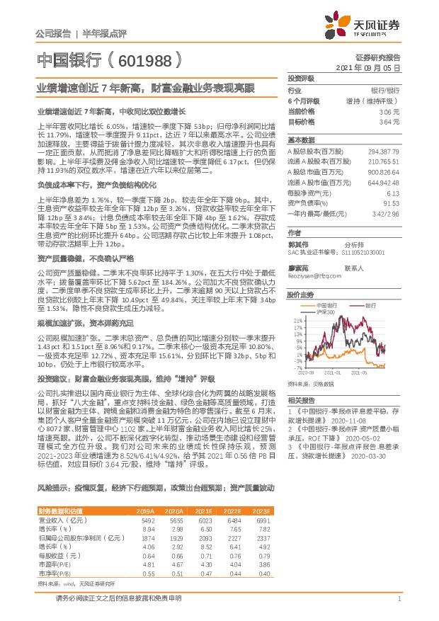 中国银行 业绩增速创近7年新高，财富金融业务表现亮眼 天风证券 2021-09-05