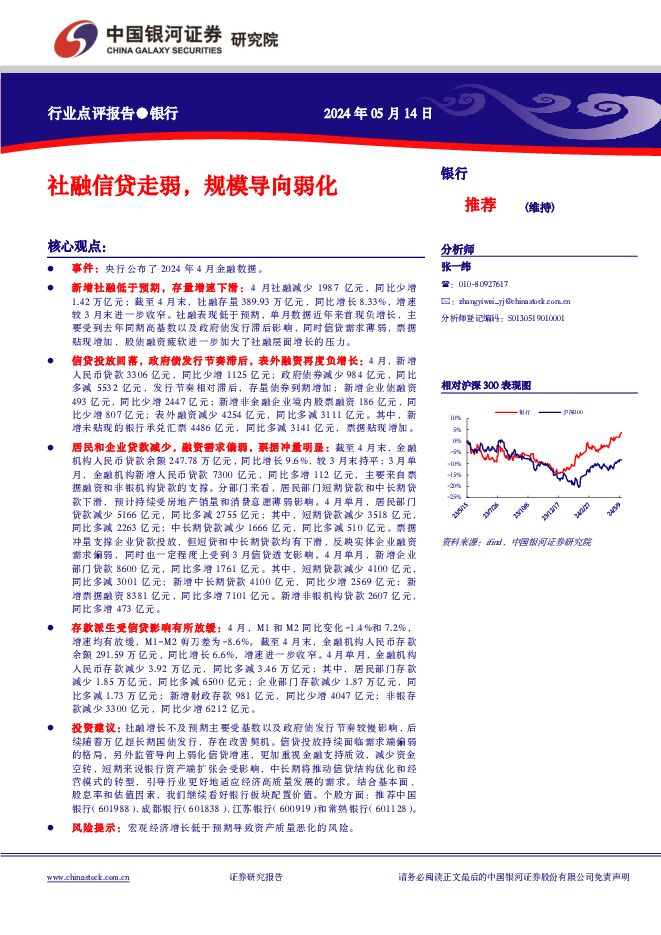 银行行业点评报告：社融信贷走弱，规模导向弱化 中国银河 2024-05-15（4页） 附下载