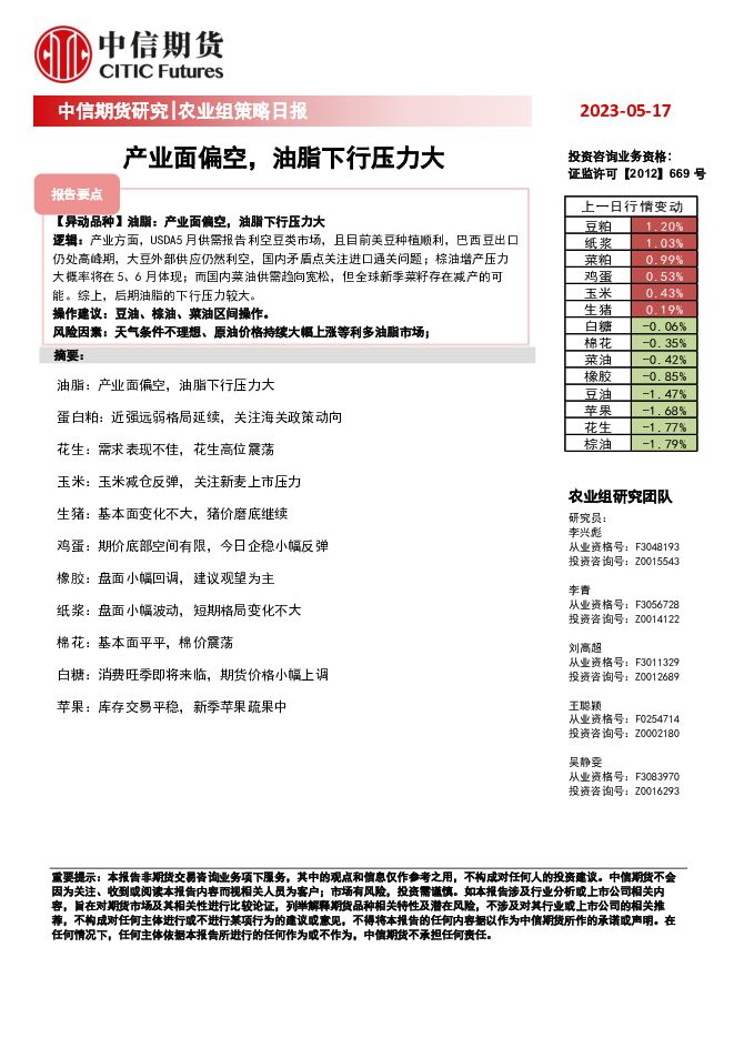 农业组策略日报：产业面偏空，油脂下行压力大 中信期货 2023-05-18（21页） 附下载