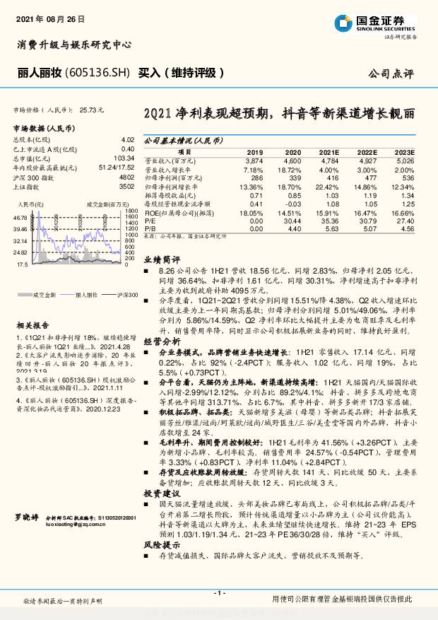 丽人丽妆 2Q21净利表现超预期，抖音等新渠道增长靓丽 国金证券 2021-08-27