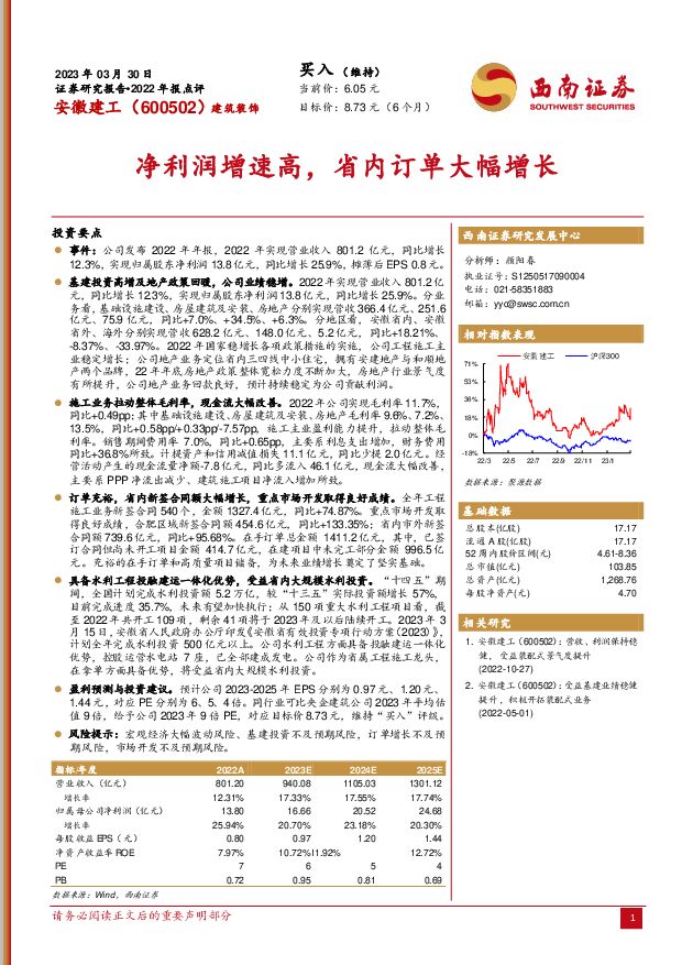 安徽建工 净利润增速高，省内订单大幅增长 西南证券 2023-03-31 附下载