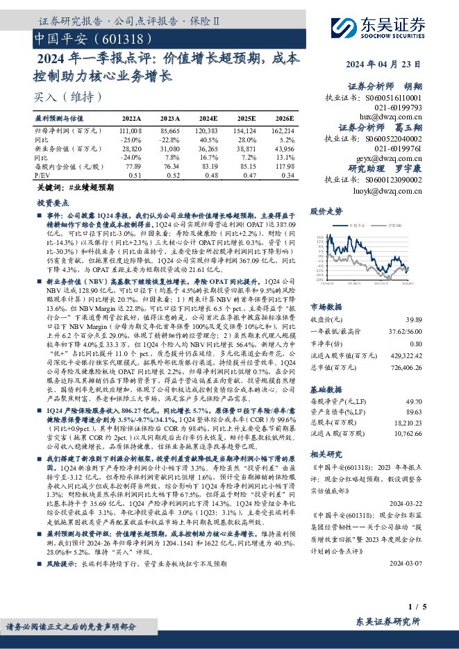 中国平安 2024年一季报点评：价值增长超预期，成本控制助力核心业务增长 东吴证券 2024-04-24（5页） 附下载