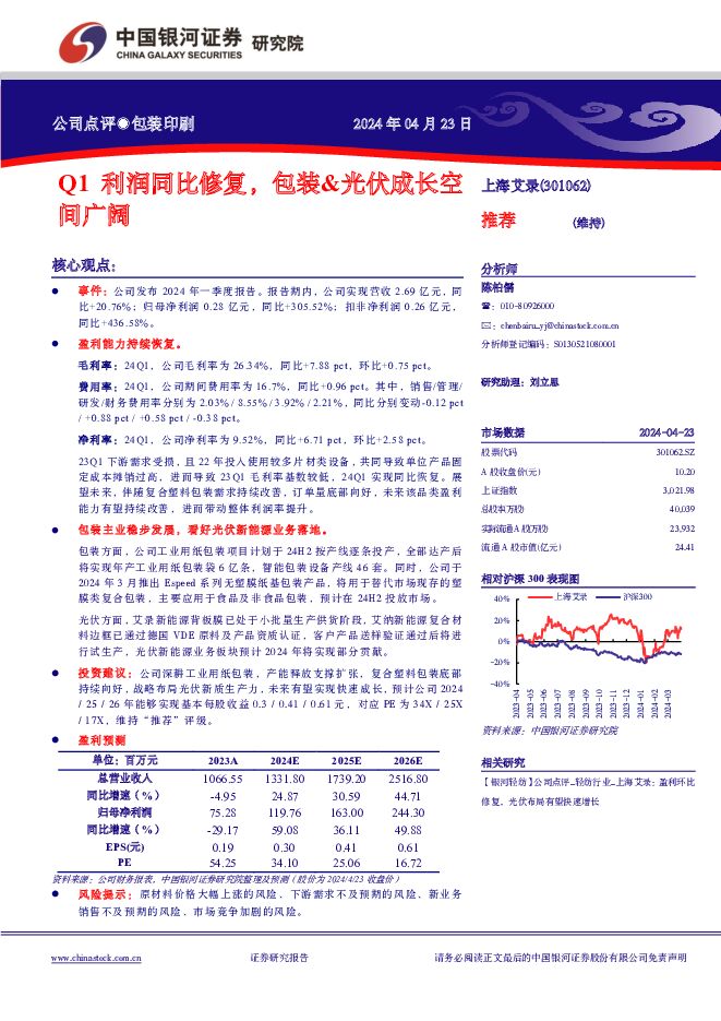 上海艾录 Q1利润同比修复，包装&光伏成长空间广阔 中国银河 2024-04-24（3页） 附下载