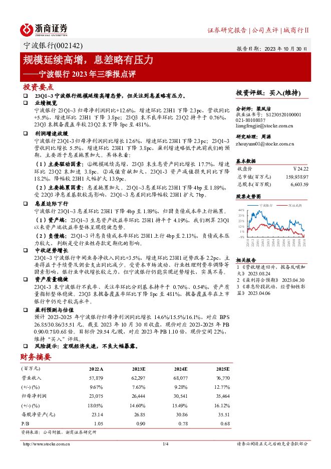 宁波银行 规模延续高增，息差略有压力 浙商证券 2023-10-31（4页） 附下载