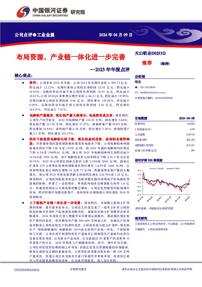 天山铝业2023年年报点评：布局资源，产业链一体化进一步完善中国银河2024-04-10 附下载