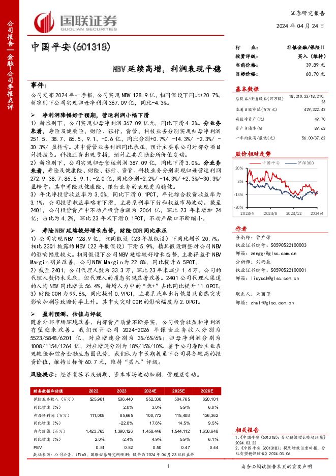 中国平安 NBV延续高增，利润表现平稳 国联证券 2024-04-24（4页） 附下载