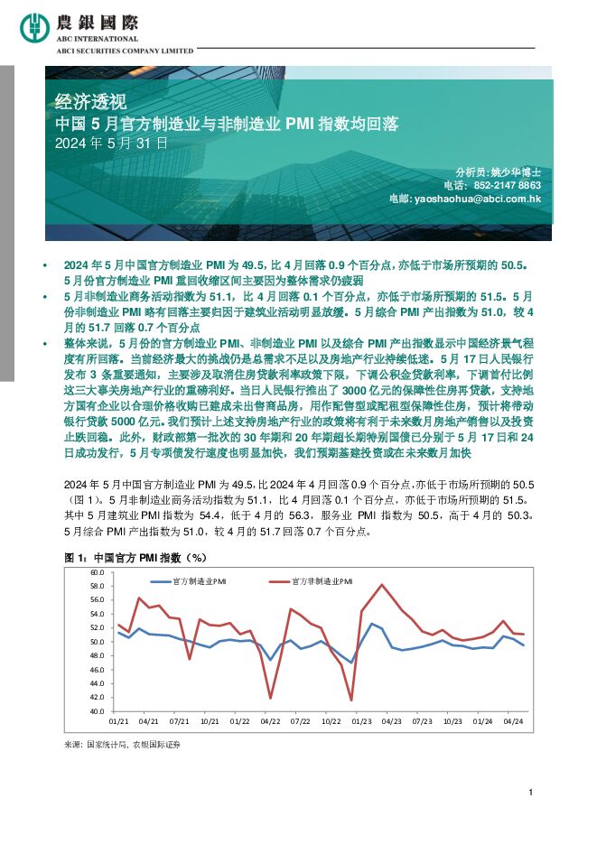 经济透视：中国5月官方制造业与非制造业PMI指数均回落 农银国际证券 2024-06-03（3页） 附下载