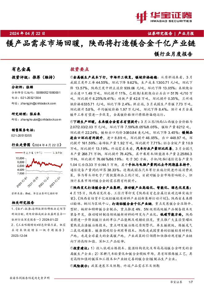 镁行业月度报告：镁产品需求市场回暖，陕西将打造镁合金千亿产业链 华宝证券 2024-04-22（7页） 附下载
