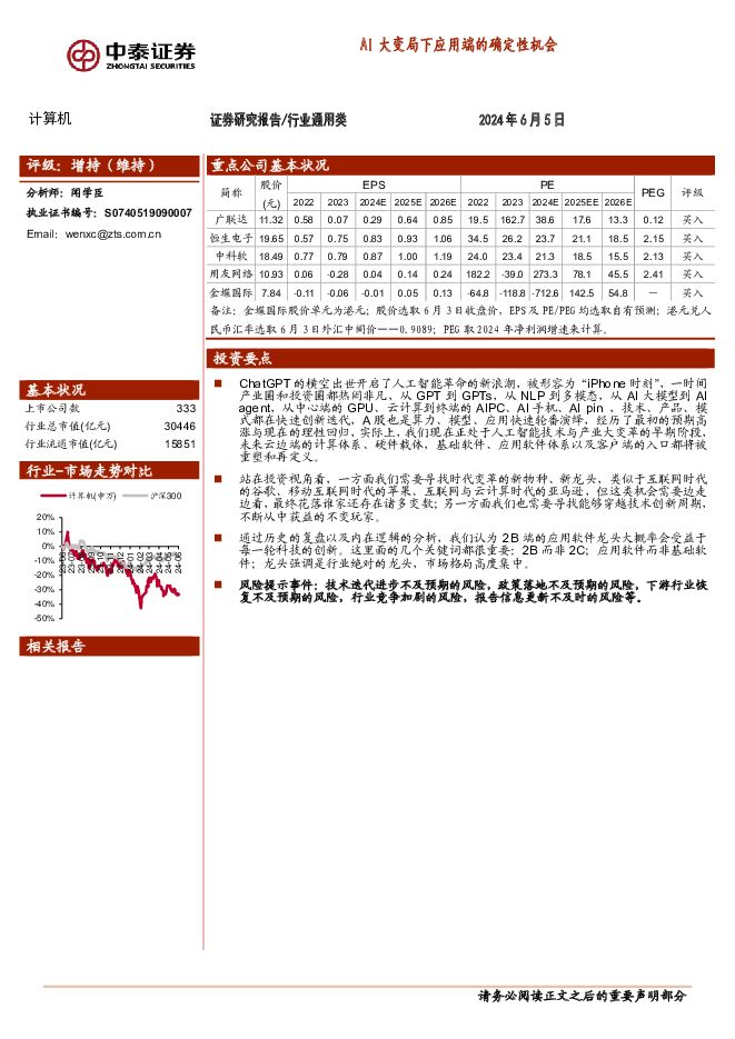 计算机：AI大变局下应用端的确定性机会 中泰证券 2024-06-06（11页） 附下载