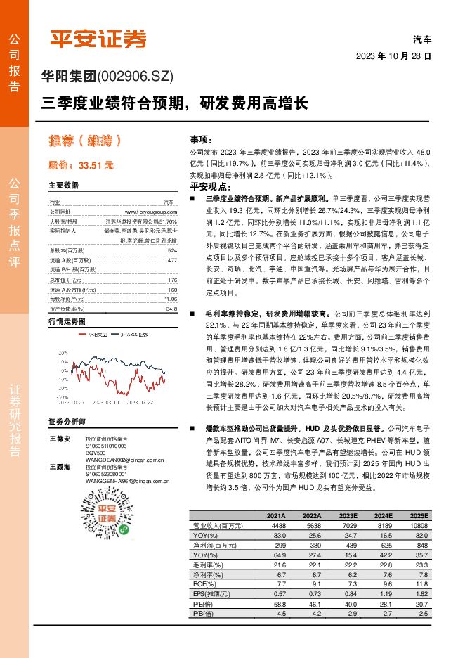 华阳集团 三季度业绩符合预期，研发费用高增长 平安证券 2023-10-29（4页） 附下载