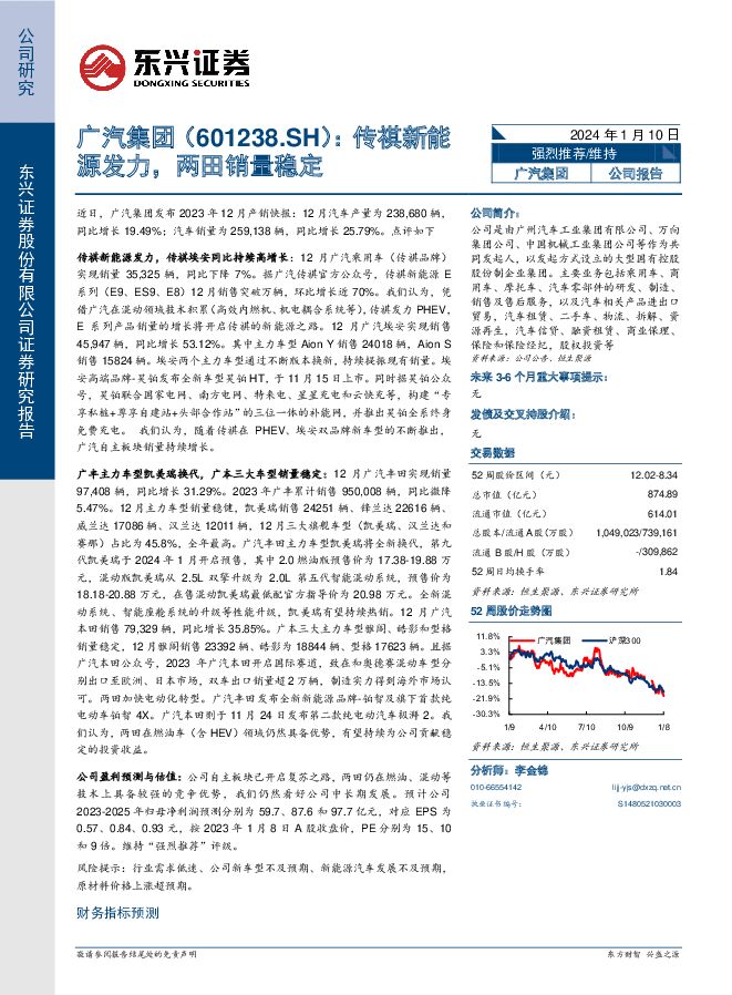 广汽集团 传祺新能源发力，两田销量稳定 东兴证券 2024-01-10（6页） 附下载