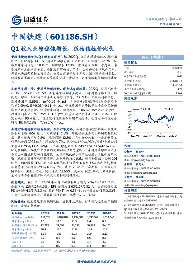 中国铁建 Q1收入业绩稳健增长，低估值性价比优 国盛证券 2022-05-04 附下载