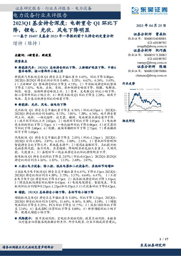 电力设备行业点评报告：2023Q1基金持仓深度：电新重仓Q1环比下降，锂电、光伏、风电下降明显——基于10407支基金2023年一季报的前十大持仓的定量分析 东吴证券 2023-04-26（17页） 附下载