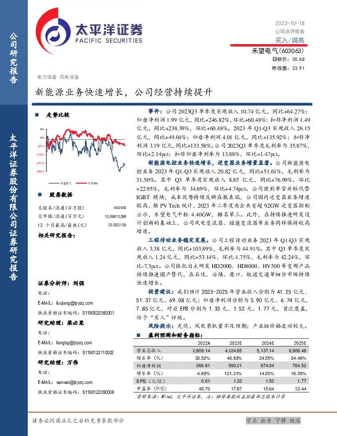 禾望电气 新能源业务快速增长，公司经营持续提升 太平洋 2023-10-19（4页） 附下载