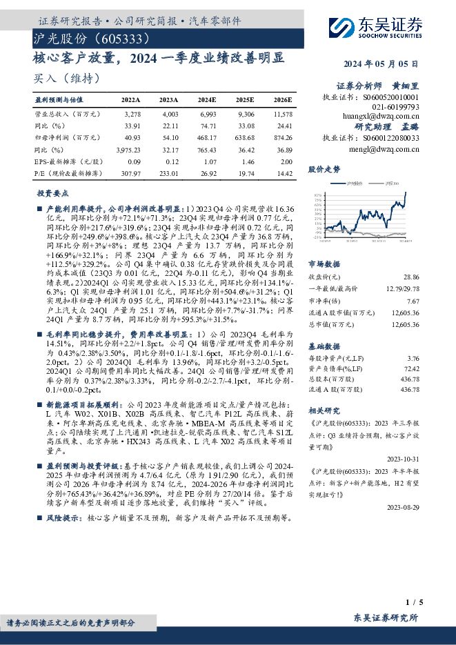 沪光股份 核心客户放量，2024一季度业绩改善明显 东吴证券 2024-05-05（5页） 附下载