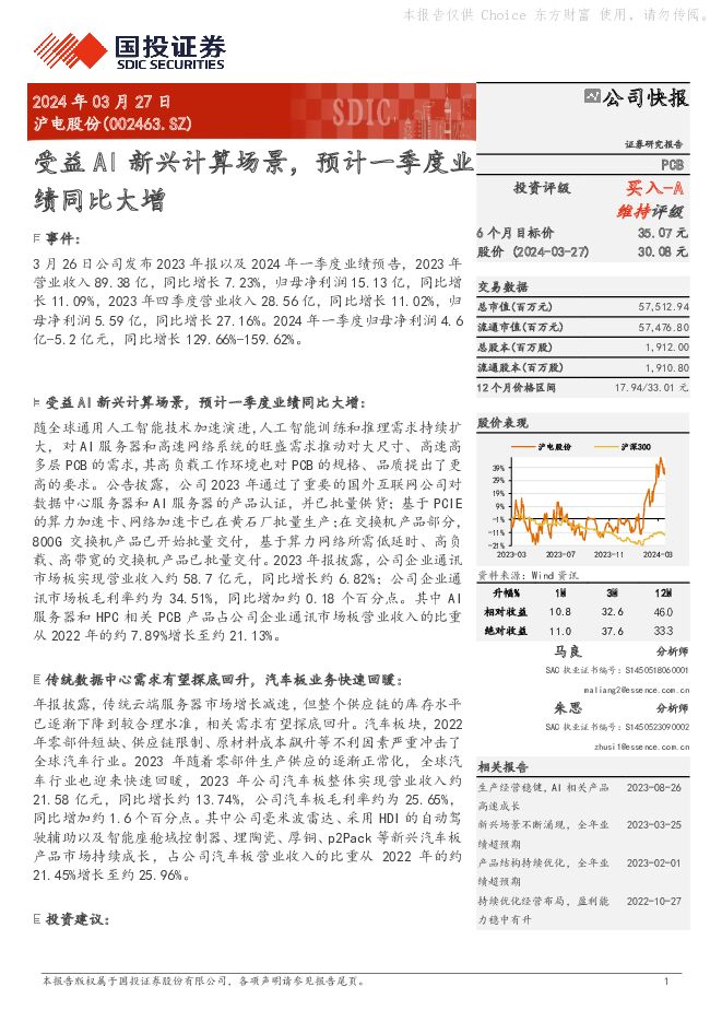 沪电股份 受益AI新兴计算场景，预计一季度业绩同比大增 国投证券 2024-03-27（5页） 附下载