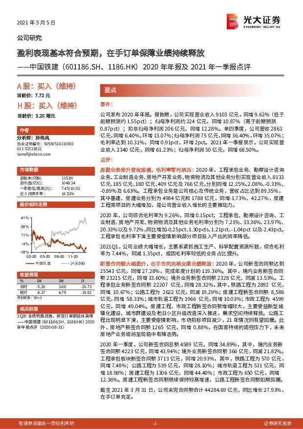 中国铁建 2020年年报及2021年一季报点评：盈利表现基本符合预期，在手订单保障业绩持续释放 光大证券 2021-05-06