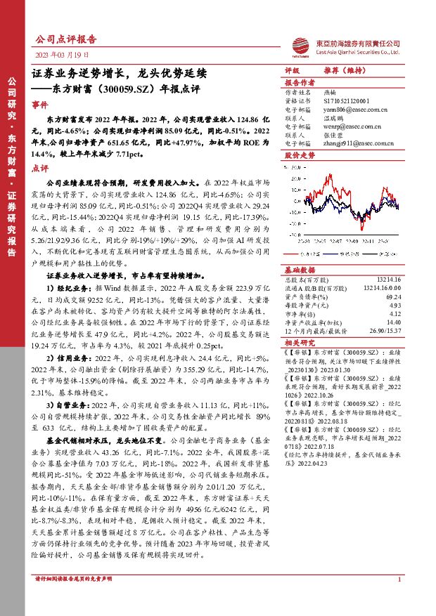 东方财富 年报点评：证券业务逆势增长，龙头优势延续 东亚前海证券 2023-03-20 附下载