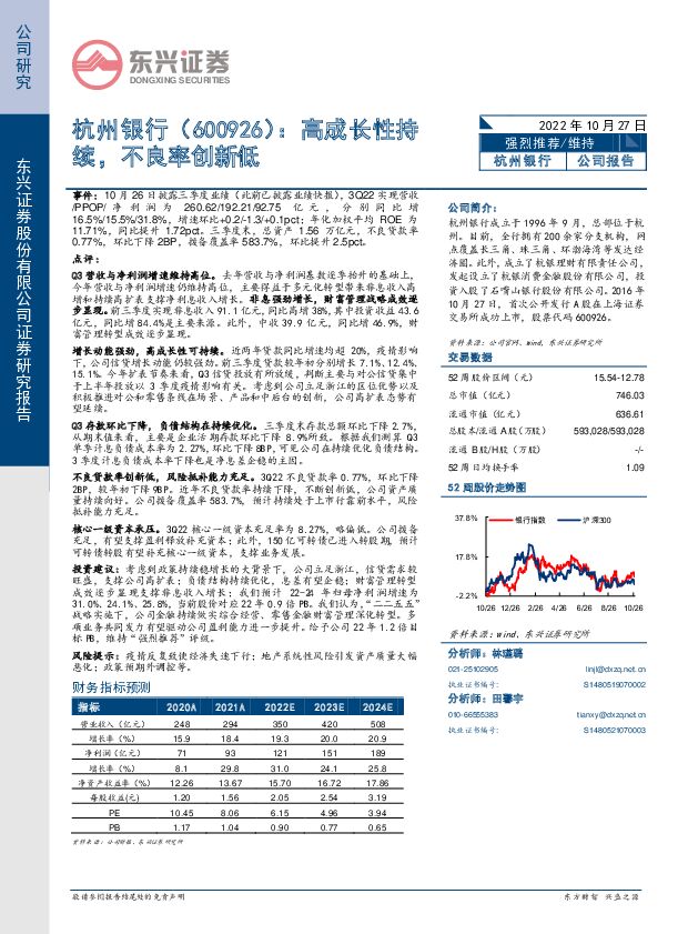 杭州银行 高成长性持续，不良率创新低 东兴证券 2022-10-27 附下载