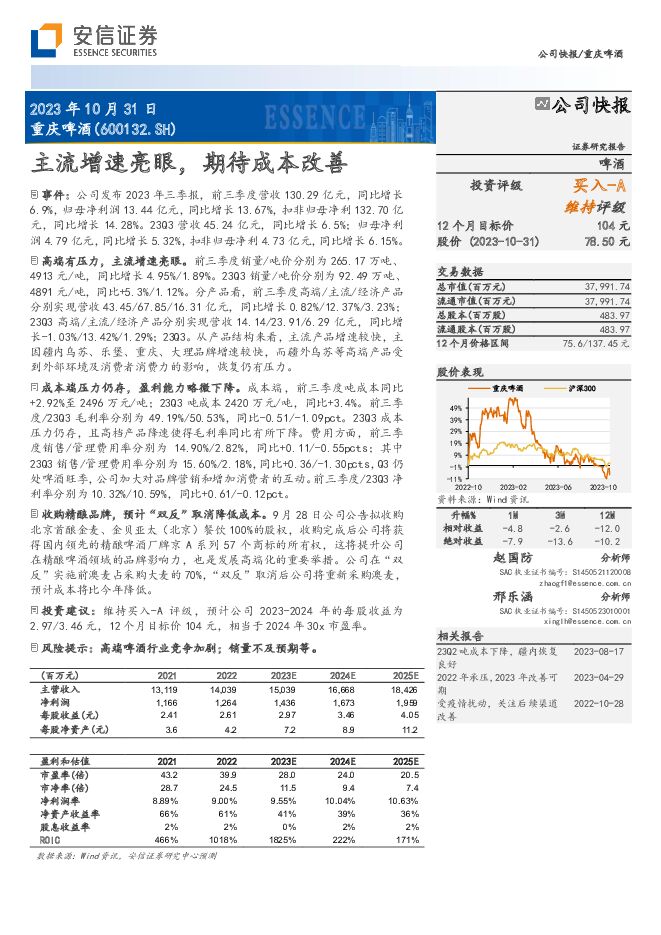 重庆啤酒 主流增速亮眼，期待成本改善 安信证券 2023-11-01（4页） 附下载
