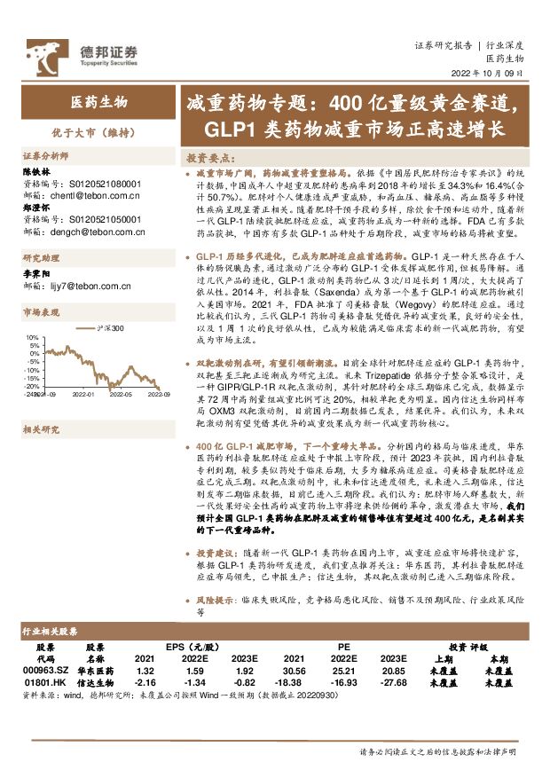 减重药物专题：400亿量级黄金赛道，GLP1类药物减重市场正高速增长 德邦证券 2022-10-10 附下载