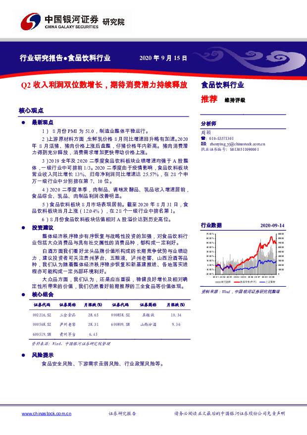 食品饮料行业：Q2收入利润双位数增长，期待消费潜力持续释放 中国银河 2020-09-23