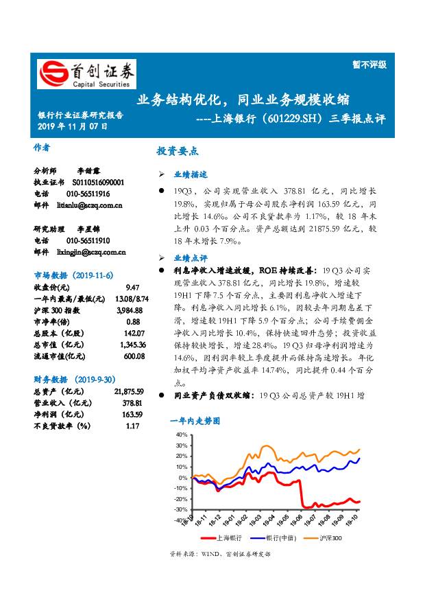 上海银行 三季报点评：业务结构优化，同业业务规模收缩 首创证券 2019-11-08