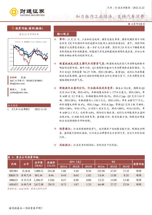 汽车行业点评报告：加力振作工业经济，支持汽车消费 财通证券 2022-11-22 附下载