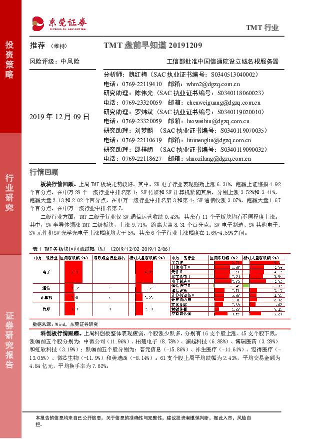 TMT盘前早知道：工信部批准中国信通院设立域名根服务器 东莞证券 2019-12-09