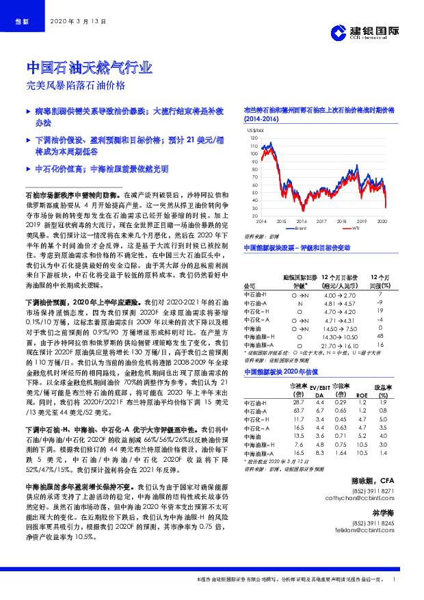 中国石油天然气行业：完美风暴陷落石油价格 建银国际证券 2020-03-24