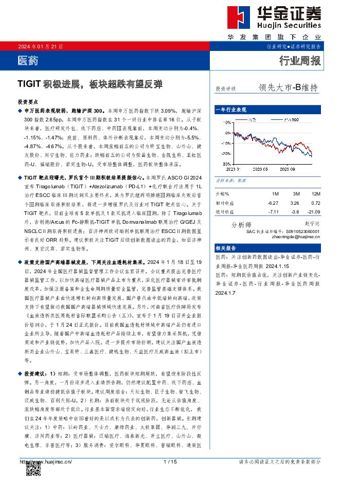 医药行业周报：TIGIT积极进展，板块超跌有望反弹 华金证券 2024-01-24（15页） 附下载