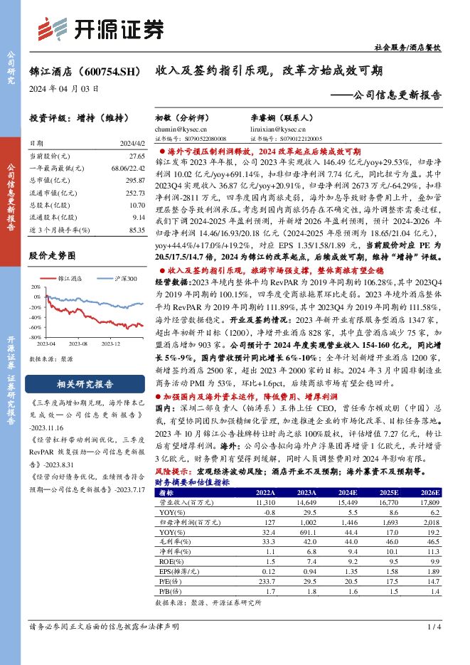 锦江酒店 公司信息更新报告：收入及签约指引乐观，改革方始成效可期 开源证券 2024-04-03（4页） 附下载