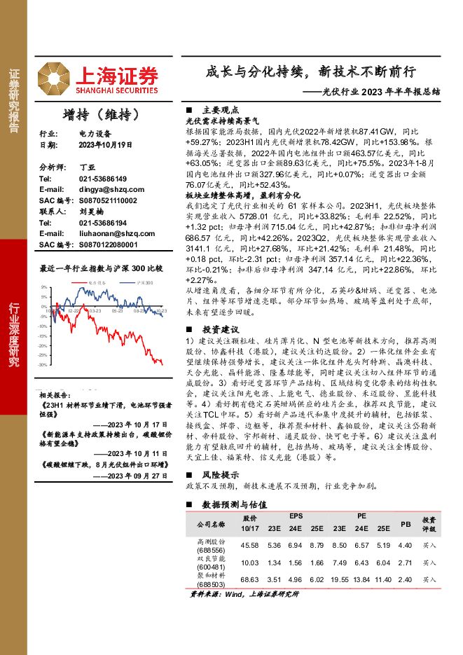 光伏行业2023年半年报总结：成长与分化持续，新技术不断前行 上海证券 2023-10-19（20页） 附下载
