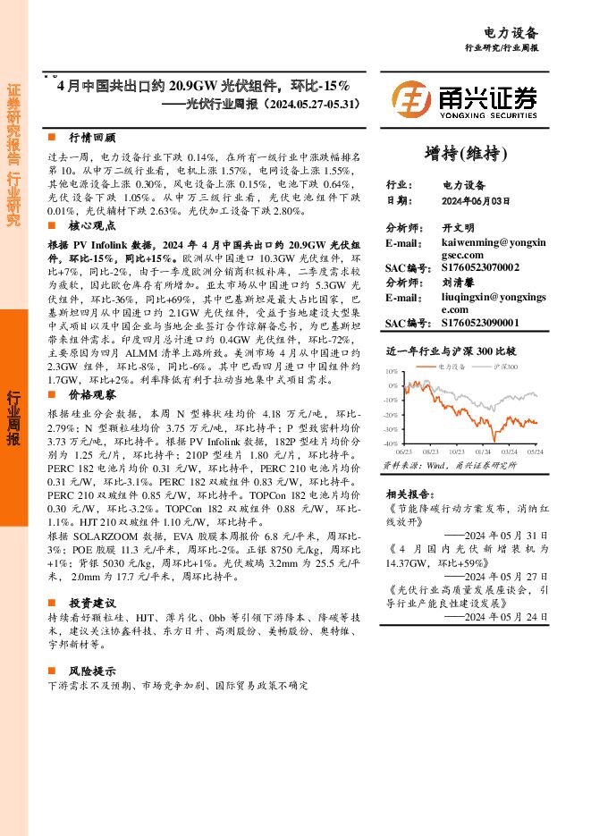 光伏行业周报：4月中国共出口约20.9GW光伏组件，环比-15% 甬兴证券 2024-06-04（15页） 附下载