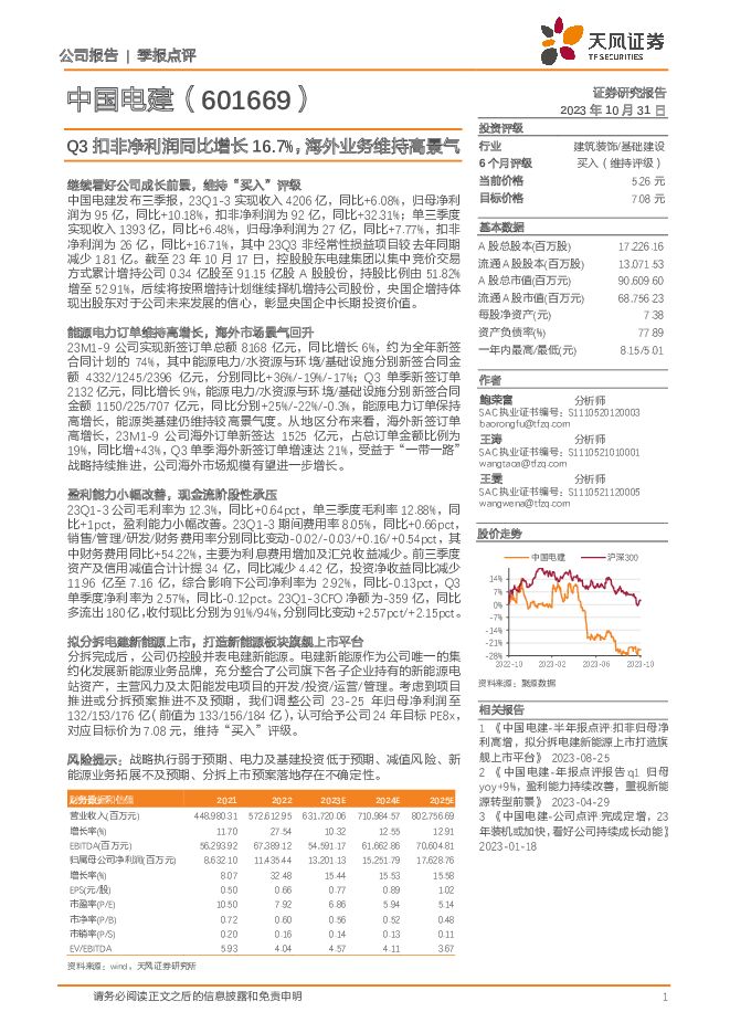 中国电建 Q3扣非净利润同比增长16.7%，海外业务维持高景气 天风证券 2023-11-01（4页） 附下载