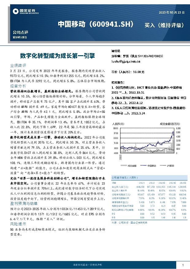 中国移动 数字化转型成为成长第一引擎 国金证券 2023-03-24 附下载