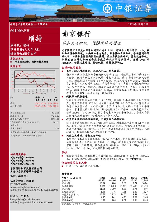 南京银行 非息表现积极，规模保持高增速 中银证券 2023-11-06（5页） 附下载