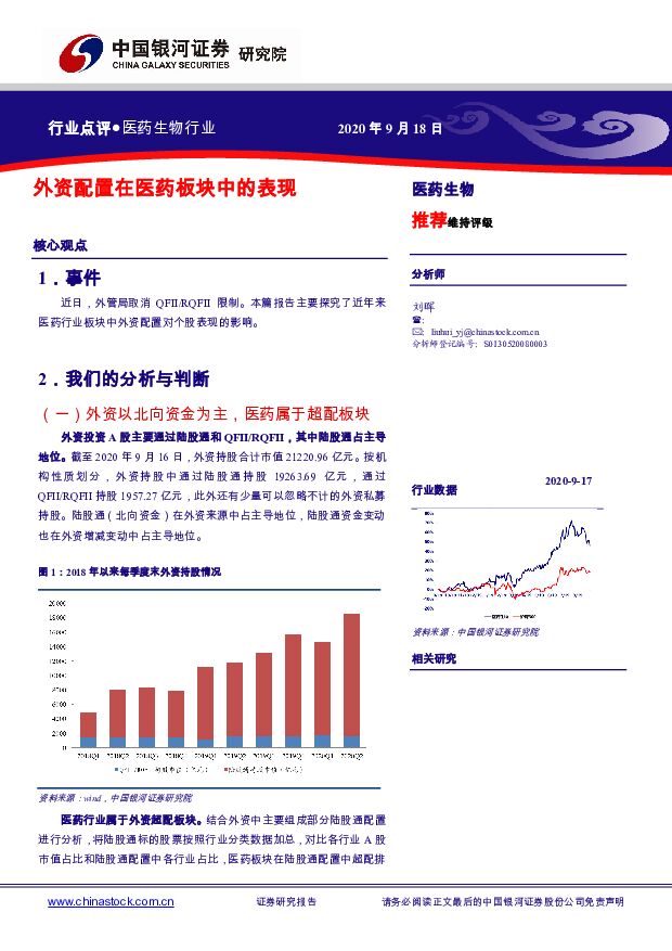 医药生物行业：外资配置在医药板块中的表现 中国银河 2020-09-18
