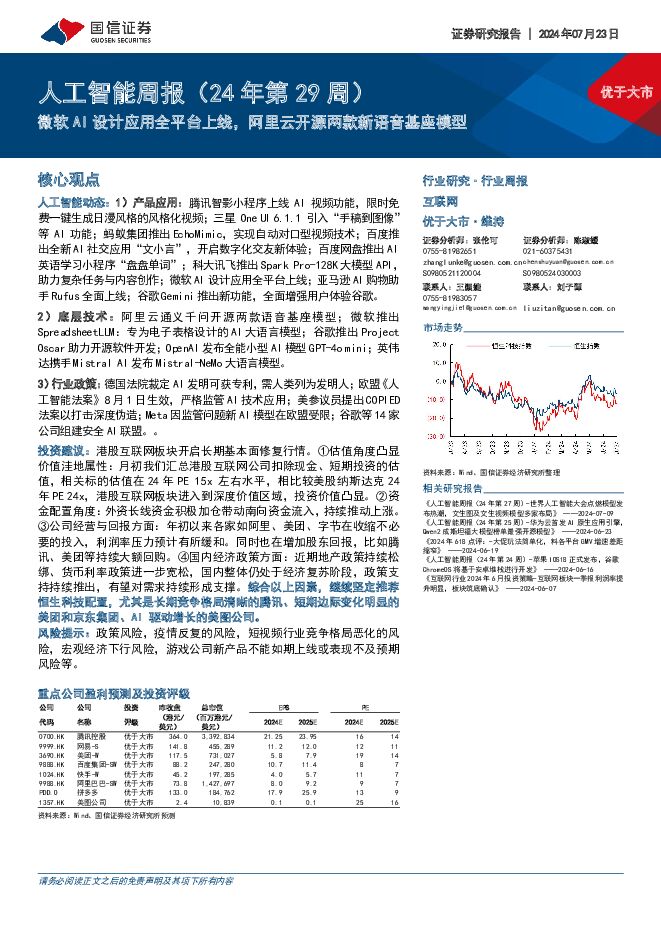 人工智能周报（24年第29周）：微软AI设计应用全平台上线，阿里云开源两款新语音基座模型 国信证券 2024-07-23（13页） 附下载